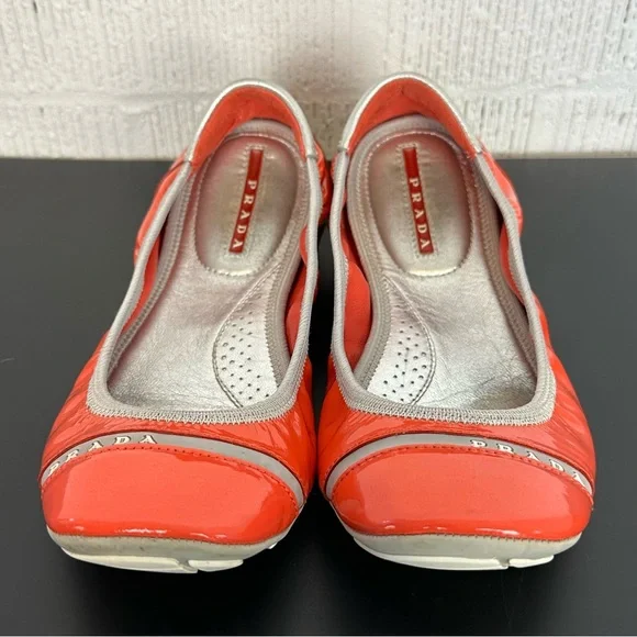 Prada Buffalo Lux Orange Silver Patent Leather Scrunch Ballet Flats Size 36 - Picture 5 of 16